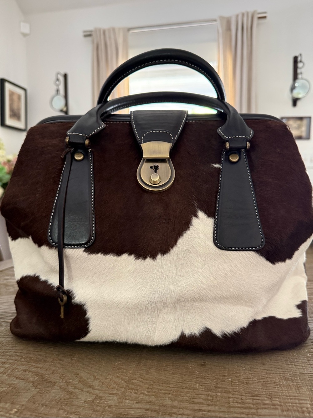 Vintage Emma Hope Cowhide Doctors Satchel Bag in Brown and White